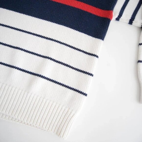 Vintage Eddie Bauer White with Red and  Blue Stripes Knit Crewneck Sweater L - Picture 7 of 11